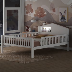 TIRAMISUBEST Twin/Full Size Wood Platform Bed with House-shaped Headboard, LED and Built-in Storage, Modern Bed Frame with Guardrails - 1 of 4