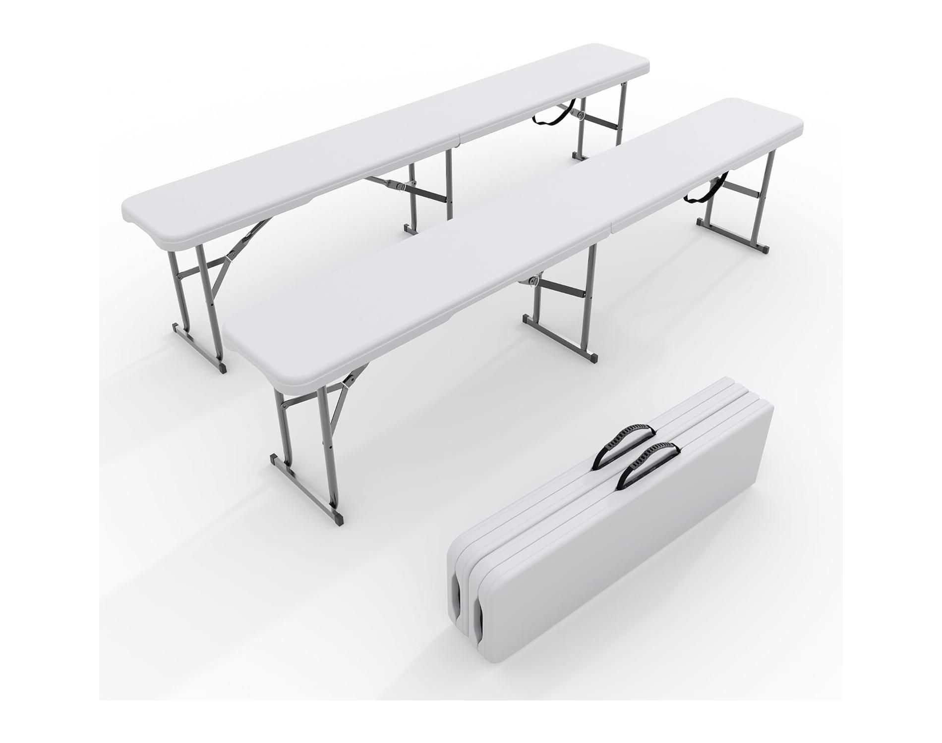 6ft Portable Folding Bench 2-Pack,HDPE Weatherproof Seating for Picnics, Camping & Events w/ Carry Handle,White