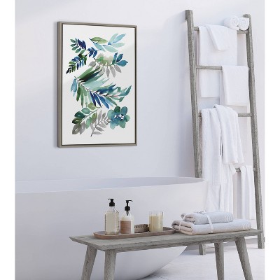 Tropic Leaves Blue Framed Canvas Wall Art, 36" x 27"