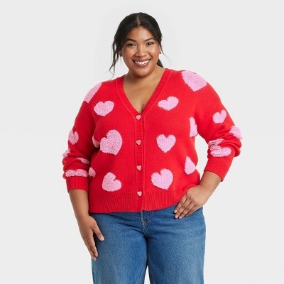 Women's Pink Hearts Graphic Cardigan - Red