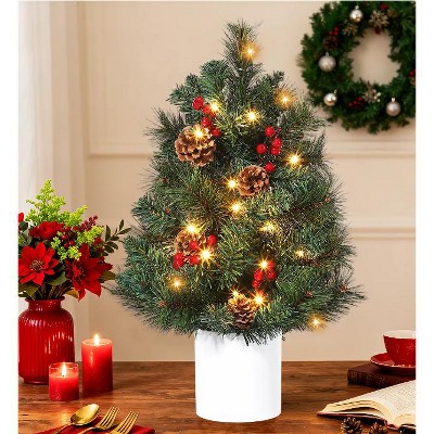 TackView 2Ft Mini Prelit Christmas Tree, Small Tabletop Xmas Tree with Red Berries & Pine Cones, for Small Spaces, No Assembly