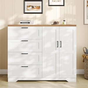 Nasitip 43.3" Armoire Wardrobe Closet with 4 Drawers, 2 Doors & Hanging Rod, White and Brown Wooden Dresser Cabinet for Bedroom - 1 of 4