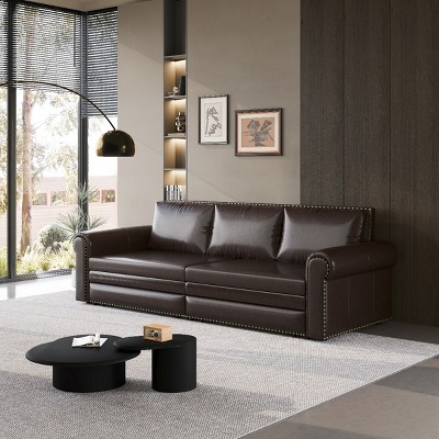 King Size Chesterfield Faux Leather Sofa, 3 in 1 Convertible Sofa Bed with Nailhead Trim & Rolled Arm, Bed with Iron Frame-Baofuwish