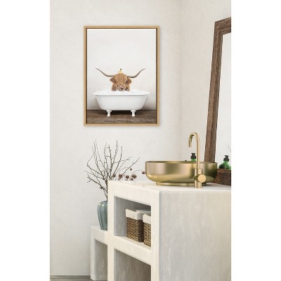 Highland Cow and Duckling in Bath Canvas Art with Natural Frame