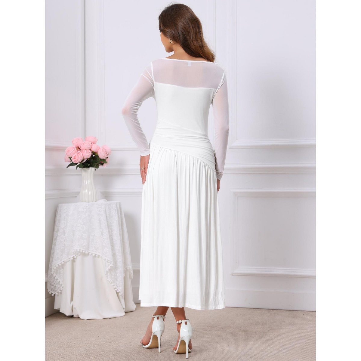 Женские платья INSPIRE CHIC Women's Wedding Guest Pleats Ruched Long Sleeve Crewneck Evening Maxi Flowy Dress Medium White — фото 4
