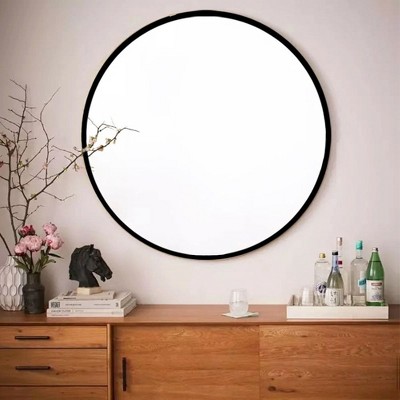 32-Inch Round Tempered Bathroom Mirror with Anti-Fog Coating, Black Metal Frame Wall Mirror