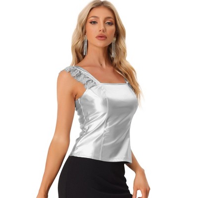 Allegra K Women's Lace Trim Party Faux Leather PU Tank Top
