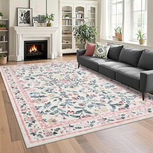 Coucheta Washable Area Rug - Non-Slip Vintage Floral Low Pile Soft Living Room Carpet, Machine Washable Farmhouse Rug for Bedroom - 1 of 4