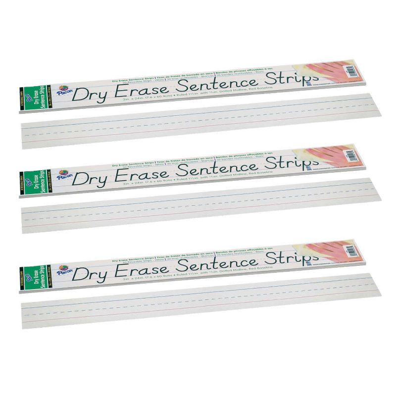 Pacon® Dry Erase Sentence Strips, White, 1-1/2" X 3/4" Ruled, 3" x 24", 30 Per Pack, 3 Packs, 1 of 2
