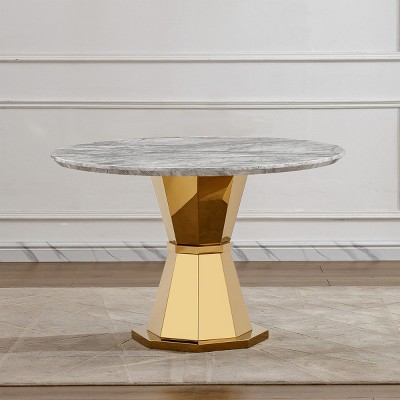 46" Round Marble Dining Table,High Gloss Faux Marble Top,Stainless Steel Base for Dining Room and Kitchen - Maison Boucle
