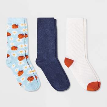 Women's 3pk Strawberry Crew Socks - A New Day™ Light Blue/Navy/Ivory 4-10