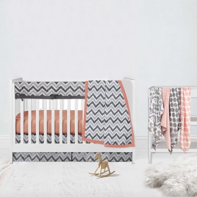 Bacati - Ikat Dots Stripes Coral Grey Muslin Girls 8 pc Crib Set with Crib Rail Guard