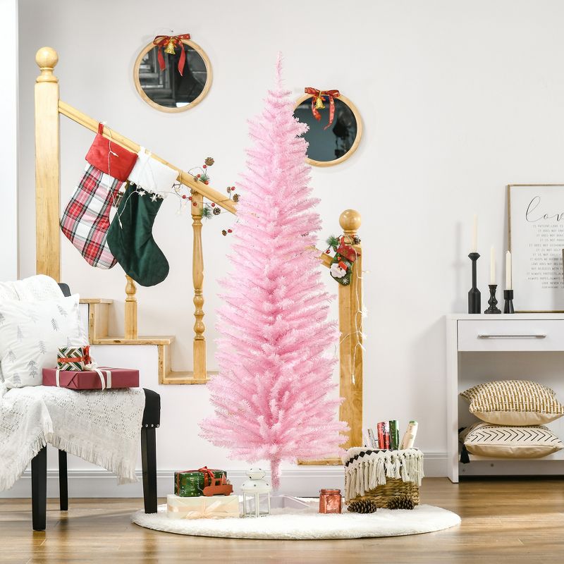 HOMCOM 6 FT Artificial Christmas Pencil Tree Holiday Xmas Tree Home Indoor Decoration, Pink, 2 of 10