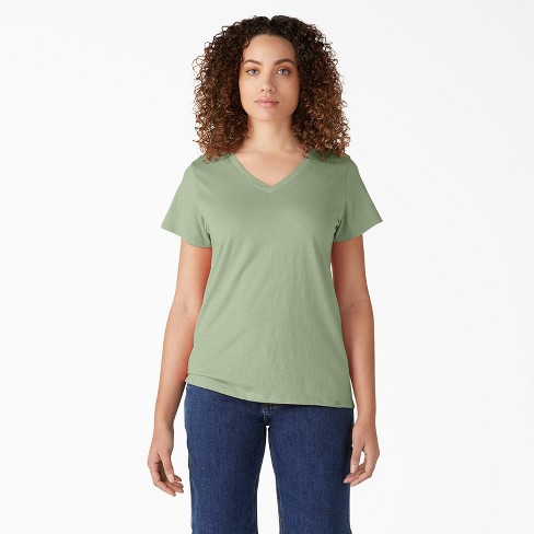 Dickies Women's Short Sleeve V-neck T-shirt, Celadon Green (c2g), L ...