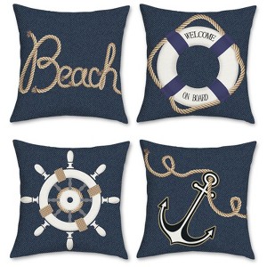 Nautical Pillow Covers 18 x 18 Inch Set of 4 Anchor Marine Denim Navy Blue - 1 of 4