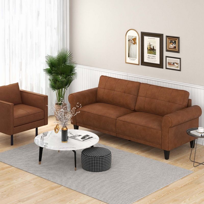 Costway Modern Sofa Couch PU Leather 81.5'' 3-Seater with 2 Back Pillows & 5 Wooden Legs, 2 of 11