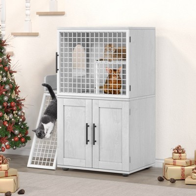 Whizmax Cat Litter Box Enclosure with Platform, Double Layer Cat Litter Hidden Furniture, Modern Villa Cat Cabinet with Ladder, Cat House