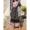 Coolmee Women's Summer Dress Boho Floral V Neck Dress Short Sleeve Beach Dress Ruffle Bohemian Maxi Dress Black S - 3 of 4