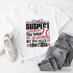 Baseball Suspect Claims Fun T-Shirt, Retro White and Natural Tee With Coquette Bow| OrnamentallyYou - 1 of 4