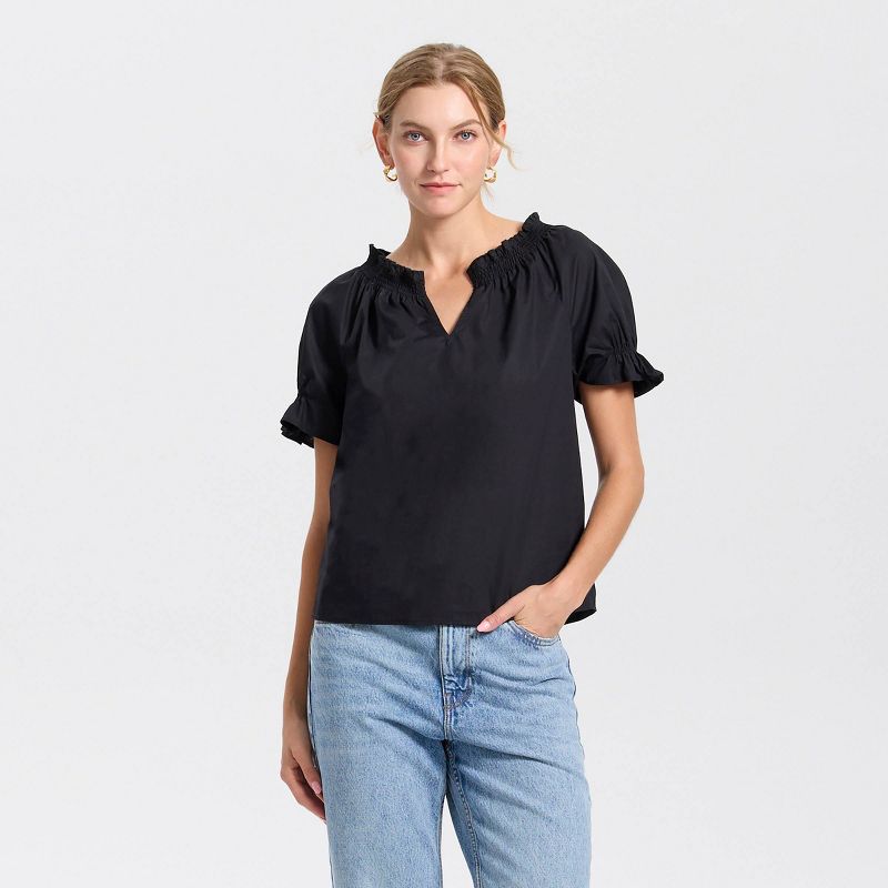 Women's Short Sleeve Smocked Blouse - Universal Thread™ Black XS