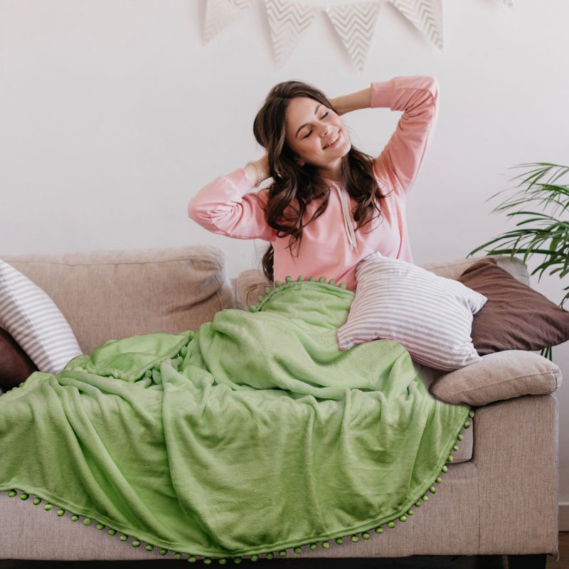 PAVILIA Fleece Pom Pom Blanket Throw for Sofa Bed, Soft Lightweight Pompom Fringe Blanket for Couch, 3 of 8