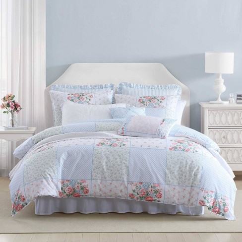 Laura Ashley 5pc Twin Hope Patchwork Cotton Comforter Set Pink Includes Shams Decorative Pillows Machine Washable Target