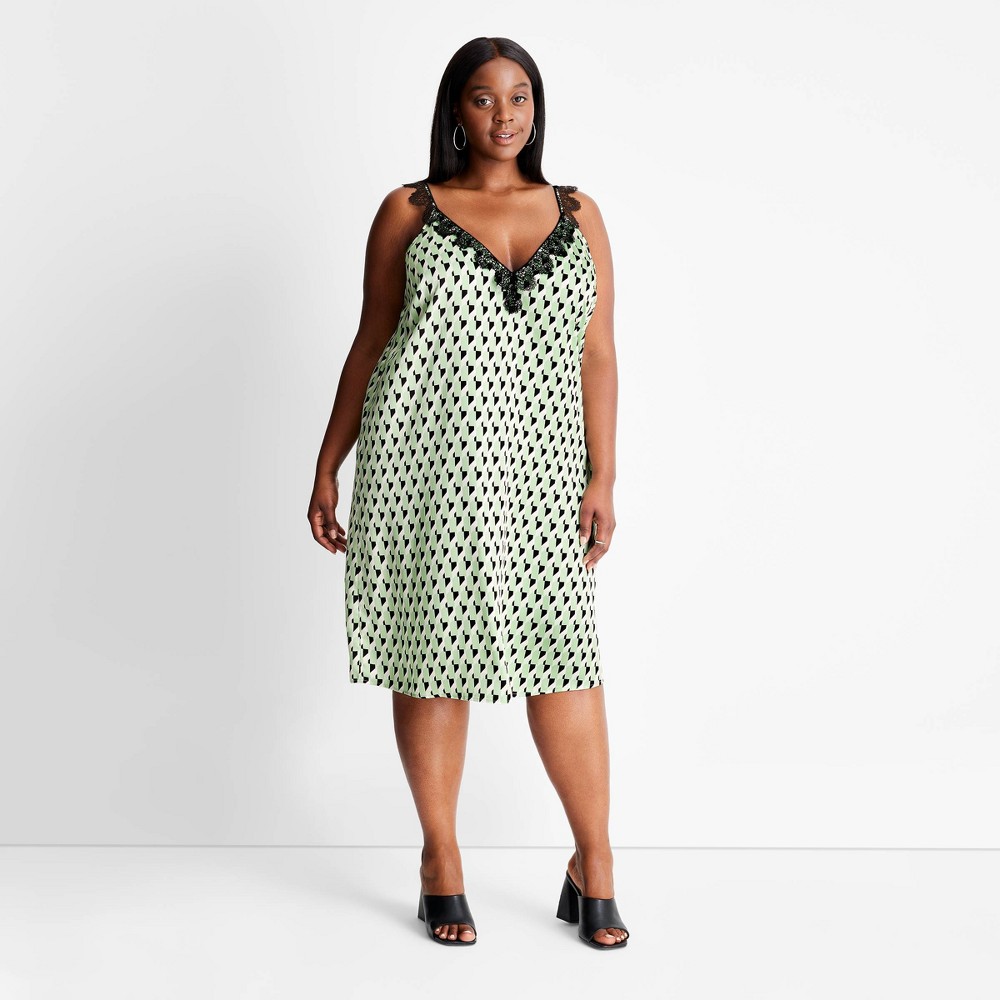 Women's Plus Size Lace Trim Slip Dress - Future Collective with Kahlana Barfield Brown Green Geometric 2X