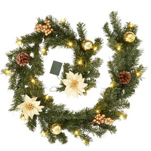 Christmas Garland with Lights, 6 ft Battery Operated Garland Christmas Decorations with Poinsettias Ball Ornaments, Prelit Xmas Garlands - 1 of 4
