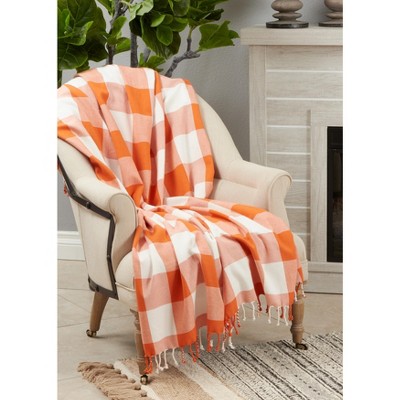 Orange and White Cotton Buffalo Plaid Throw Blanket