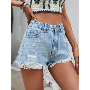 Women's High Waist Denim Shorts Raw Hem Casual Ripped Jean Shorts - 1 of 4