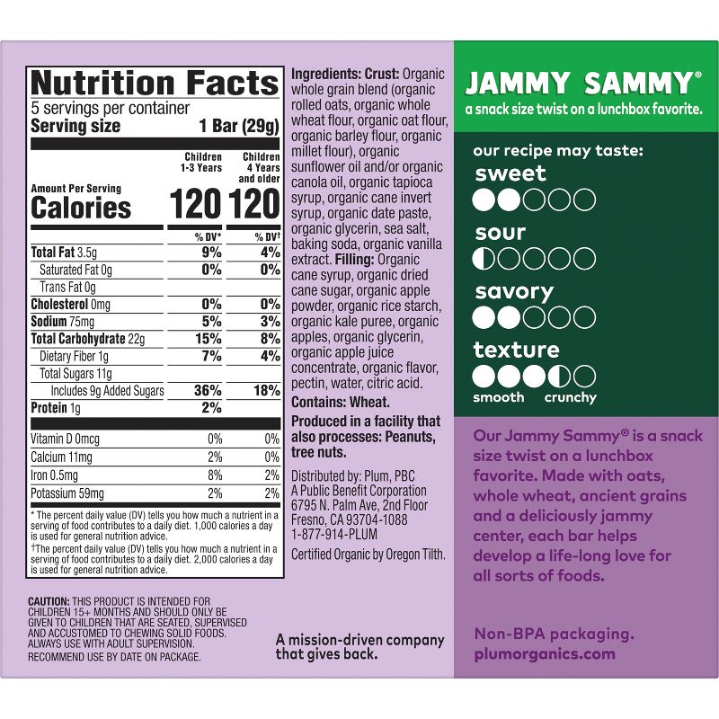 Plum Organics Jammy Sammy Snack Bars - Apple, Kale, and Oatmeal - 1.02oz/5ct, 3 of 14
