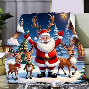 Lomsoe Christmas Santa Claus and Reindeer Printed Flannel Throw Blanket - Soft Bohemian Style, All-Season Cozy Sofa and Bedroom Accent. - 1 of 4