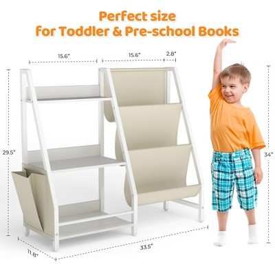 Dimensions diagram showing height and width of a two-thelf child bookshelf and stand with a child for scale
