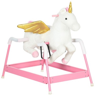 Qaba Kids Ride on Horse for 5-12 Years, Spring Horse with Sound, Unicorn Design, Pink
