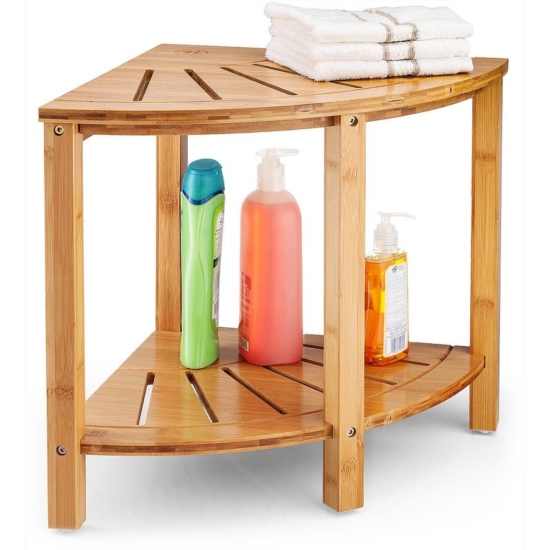 Bamboo Corner Shower Bench - Shower Stool with Non-Slip Feet - Wood 2-Tier Seat with Storage Shelf - Bathroom, Living Room, Bedroom, Garden Etc., 1 of 7