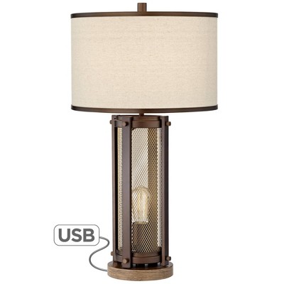 Franklin Iron Works Farmhouse Table Lamp with USB and Nightlight LED Edison Bulb Antique Brass White Shade for Living Room Bedroom