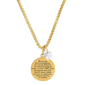 Steeltime 24" 18k gold plated stainless steel "Be strong and courageous..." round pendant adorned with heart shape crystal charm - 1 of 4