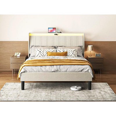DOMETOUR Queen Size Platform Bed Frame with Fabric Upholstered Headboard and Wooden Slats Support, Fully Upholstered Mattress