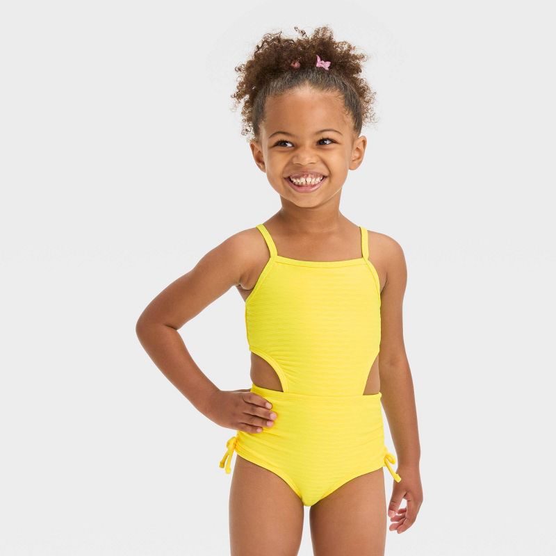 Toddler Girls' Textured Cut Out One Piece Swimsuit - Cat & Jack™ Yellow, 1 of 5