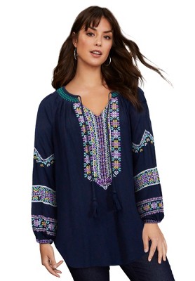 June + Vie by Roaman's Women's Plus Size Embroidered Peasant Blouse