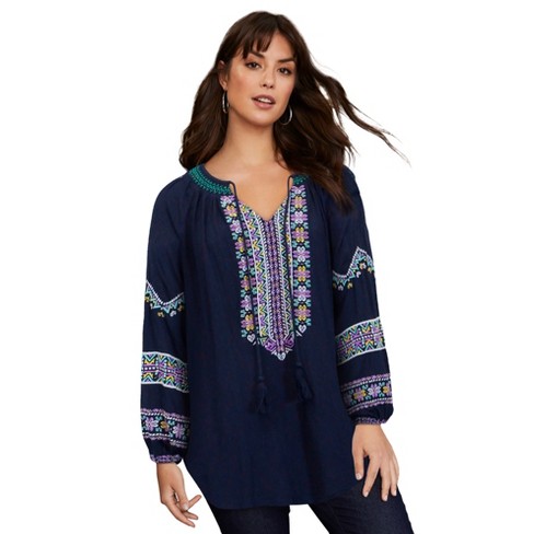 June + Vie by Roaman's Women's Plus Size Embroidered Peasant Blouse -  18/20, Blue