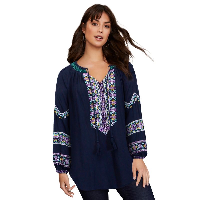 June + Vie by Roaman's Women's Plus Size Embroidered Peasant Blouse, 1 of 2