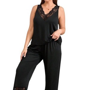 YESFASHION Women Plus Size Lace Trim V Neck Cami Wide Leg Pants 2