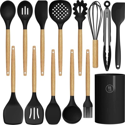 BRINJOY Silicone Cooking Utensil Set - Heat Resistant 446¡ãF Non-Stick Kitchen Tools with Wood Handles & Holder, BPA-Free (Black)