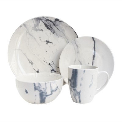 American Atelier 16pc Porcelain Marble Dinnerware Set White/Blue