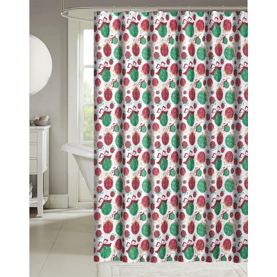 Red Gold & Green Holiday Ornaments in Christmas Tree Fabric Shower Curtain 