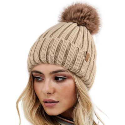 ZUPPAD Womens Winter Knitted Beanie Hat with Faux Fur Pom Warm Knit Skull Cap Beanie for Women Hats 1 Pack