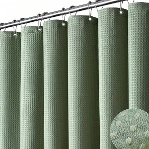 Long Fabric Shower Curtain 78 Inch Waffle Weave Heavy Duty Cloth Bathroom Curtain Sage Green with 12 Plastic Hooks - 1 of 4