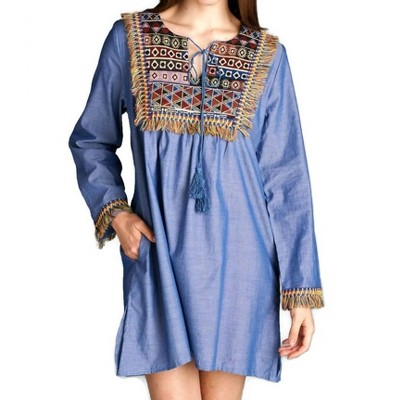 Women's Fringe & Geometric Chambray Dress - Velzera