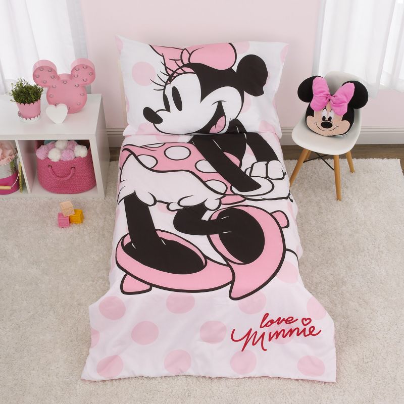 Disney Minnie Mouse - Pink, White and Black 4 Piece Toddler Bed Set with Comforter, Fitted Bottom Sheet, Flat Top Sheet and Standard Size Pillowcase, 1 of 7